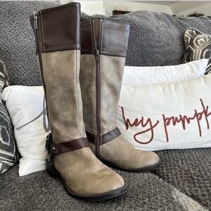 Brown and Tan Over the Knee Boots with Two-Tone Design